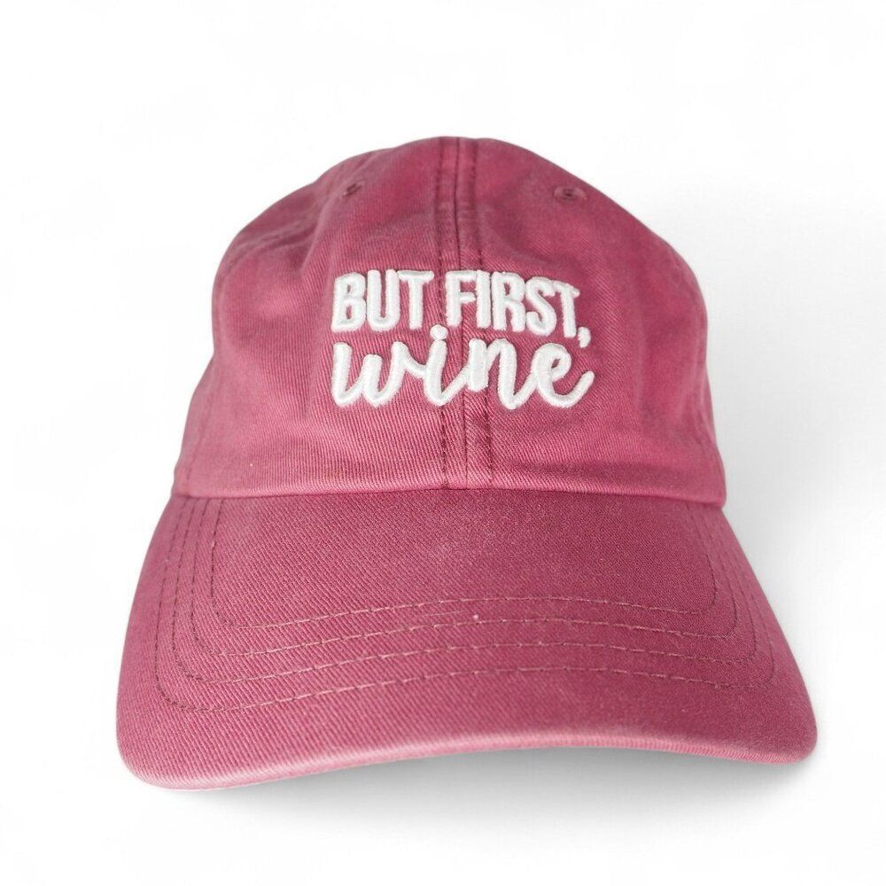 State of Mine "But First Wine" 5 Panel Strapback Hat Distressed Red‎ OS